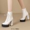 Square Toe Lace Up Platforms Crocodile Pattern Chunky Heels Ankle Highs Boots - White Faux Leather