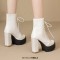 Square Toe Lace Up Platforms Crocodile Pattern Chunky Heels Ankle Highs Boots - White Faux Leather