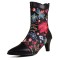 Pointed Toe Kitten Heels Ankle Highs Flower Decorated Vintage Style Short Boots - Black Faux Leather