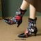 Pointed Toe Kitten Heels Ankle Highs Flower Decorated Vintage Style Short Boots - Black Faux Leather