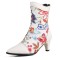 Pointed Toe Kitten Heels Ankle Highs Flower Decorated Vintage Style Short Boots - White Faux Leather