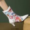Pointed Toe Kitten Heels Ankle Highs Flower Decorated Vintage Style Short Boots - White Faux Leather