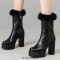 Round Toe Chunky Heels Platforms Winter Style Faux Fur Boots - Black Faux Leather