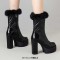 Round Toe Chunky Heels Platforms Winter Style Faux Fur Boots - Black Faux Leather