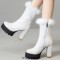 Round Toe Chunky Heels Platforms Winter Style Faux Fur Boots - White Faux Leather