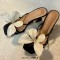 Square Open Toe Butterfly Decorated Chunky Heels Sandals Slippers - Black Flock
