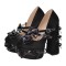 Round Toe Chunky Heels Platforms Patent Ribbons Gothic Style Pumps - Black Flock