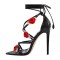 Pointed Open Toe Stiletto Heels Ankle-Wrap Lace Up Flowers Sandals - Black Faux Leather