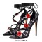 Pointed Open Toe Stiletto Heels Ankle-Wrap Lace Up Flowers Sandals - Black Faux Leather
