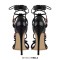 Pointed Open Toe Stiletto Heels Ankle-Wrap Lace Up Flowers Sandals - Black Faux Leather
