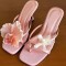 Square Open Toe Orchid Flower Decorated Curved Block Heels Summer Sandals - Pink Faux Leather