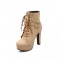 Cuban Heels Platform Buckle Lace Up Motorcycle Ankle Boots - Beige