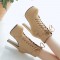 Cuban Heels Platform Buckle Lace Up Motorcycle Ankle Boots - Beige