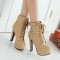 Cuban Heels Platform Buckle Lace Up Motorcycle Ankle Boots - Beige