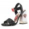 Peep Toe Polka Dots Red Heart Chunky Heels Gothic Ankle Buckle Straps Sandals - Black Leather