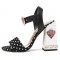 Peep Toe Polka Dots Red Heart Chunky Heels Gothic Ankle Buckle Straps Sandals - Black Leather