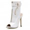 Ankle High Heel Summer Boots with Strap and Front Zipper - White