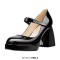 Square Toe Low Platforms Chunky Heels Mary Janes School Style Pumps - Black Patent