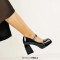 Square Toe Low Platforms Chunky Heels Mary Janes School Style Pumps - Black Patent