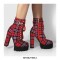 Chunky Heels Red Plaid Lace Up Round Toe Booties with Ankle Strap - Red