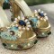 Luxury Platform Crystal Embroidery Buckle Ankle-Strap Rhinestone Wedding Sandals - Gold Green