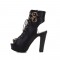 Peep Toe Cuban Heels Lace Up Platform Summer Ankle Buckle Strap Booties with Side Zipper - Black