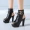 Peep Toe Cuban Heels Lace Up Platform Summer Ankle Buckle Strap Booties with Side Zipper - Black
