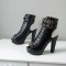 Peep Toe Cuban Heels Lace Up Platform Summer Ankle Buckle Strap Booties with Side Zipper - Black