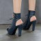 Peep Toe Cuban Heels Lace Up Platform Summer Ankle Buckle Strap Booties with Side Zipper - Blue