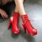 Peep Toe Cuban Heels Lace Up Platform Summer Ankle Buckle Strap Booties with Side Zipper - Red