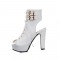 Peep Toe Cuban Heels Lace Up Platform Summer Ankle Buckle Strap Booties with Side Zipper - White