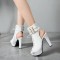 Peep Toe Cuban Heels Lace Up Platform Summer Ankle Buckle Strap Booties with Side Zipper - White