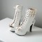 Peep Toe Cuban Heels Lace Up Platform Summer Ankle Buckle Strap Booties with Side Zipper - White