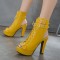 Peep Toe Cuban Heels Lace Up Platform Summer Ankle Buckle Strap Booties with Side Zipper - Yellow