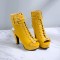 Peep Toe Cuban Heels Lace Up Platform Summer Ankle Buckle Strap Booties with Side Zipper - Yellow