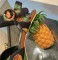 Pineapple Platform Fruit Print Sandals with Leather Buckle Ankle Straps - Black on Green Platform