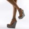 Peep Toe Summer Platforms T Straps Checkers Wedges Ankle Buckle Straps Sandals - Black Fabric PVC