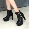 Cuban Heels Platform Ankle Buckle Strap Lita Booties with Side Zipper - Black
