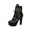 Cuban Heels Lace Up Platform Triple Buckle Bondages Ankle Booties with Side Zipper - Black