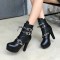 Cuban Heels Lace Up Platform Triple Buckle Bondages Ankle Booties with Side Zipper - Black