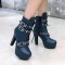 Cuban Heels Lace Up Platform Triple Buckle Bondages Ankle Booties with Side Zipper - Blue