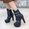 Cuban Heels Lace Up Platform Triple Buckle Bondages Ankle Booties with Side Zipper - Blue