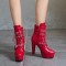 Cuban Heels Lace Up Platform Triple Buckle Bondages Ankle Booties with Side Zipper - Red