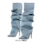 Pointed Toe Removable Rivet Buttons Stiletto Heels Stylish Knee Highs Booties - Blue Denim