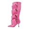 Pointed Toe Removable Rivet Buttons Stiletto Heels Stylish Knee Highs Booties - Pink Faux Leather