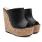 Summer Platform Wedge Peep Toe Cork Sandals - Black Faux Leather