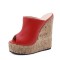 Summer Platform Wedge Peep Toe Cork Sandals - Red Faux Leather