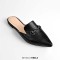 Pointed Toe Black Buckle Guest Home Unisex Matte Slippers Flats - Black Faux Leather