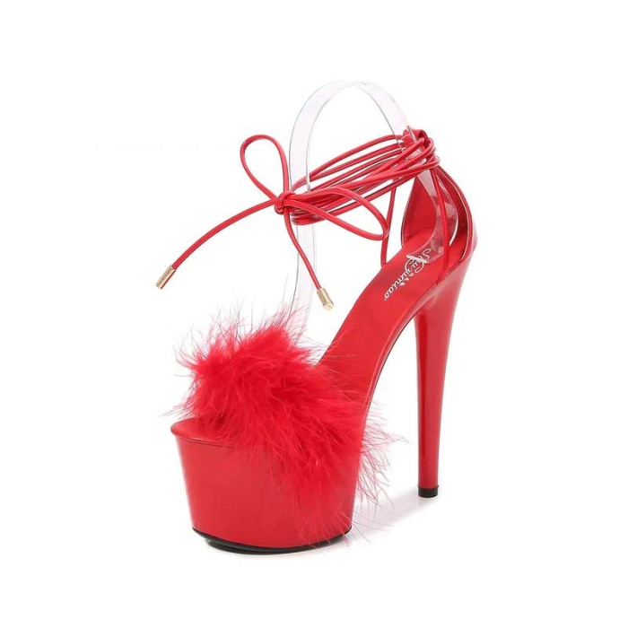 7 Inch Super Heels Peep Toe Ankle Lace Up Fluffy Fur Platform Sandals - Red - Color: Red
Upper Material: PVC
Insole Material: PU
Lining Material: PU
Outsole Material: Rubber

6.6 Inch Heel
2.7 Inch Platform in Sexy Heels & Platforms