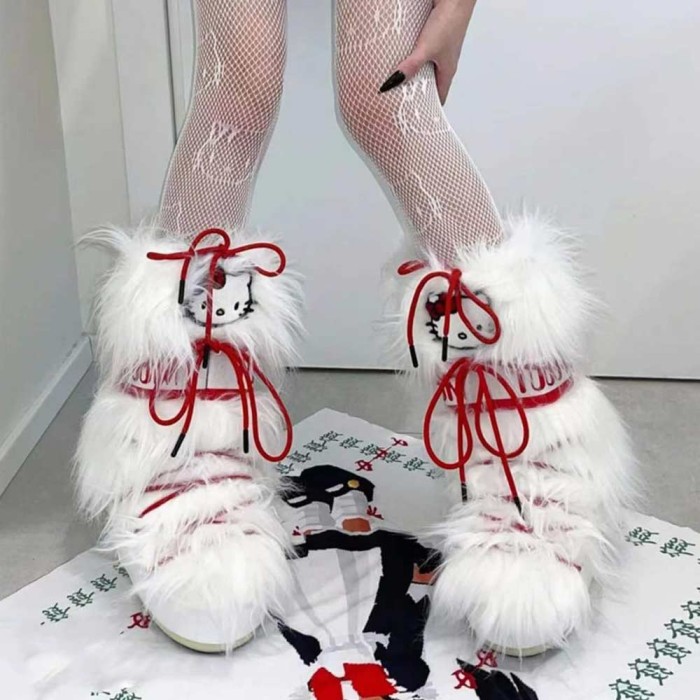 Anime Hello Kitty Soft Calf High Fluffy Boots - White Red - Anime Hello Kitty Soft Calf High Fluffy Boots - White in Sexy Boots